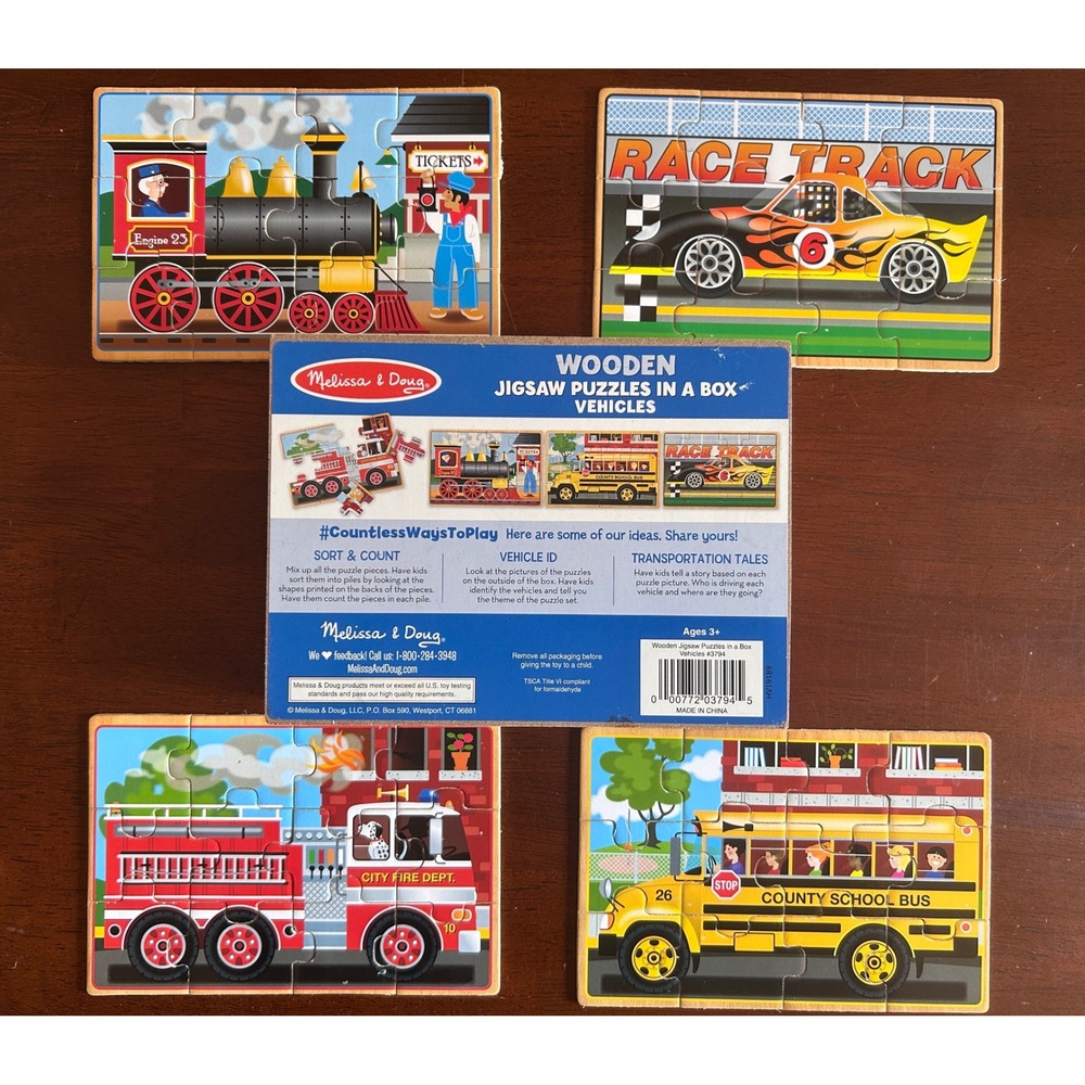 Melissa & Doug Wooden Jigsaw Puzzles 4 in Box Vehicles 48pc Multicolor Excellent